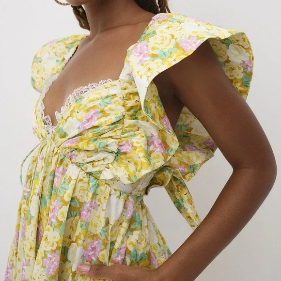 🎉Host Pick!🎉 For Love & Lemons Tamra Mini Dress | Yellow Floral | Size L | NWT - Picture 4 of 4